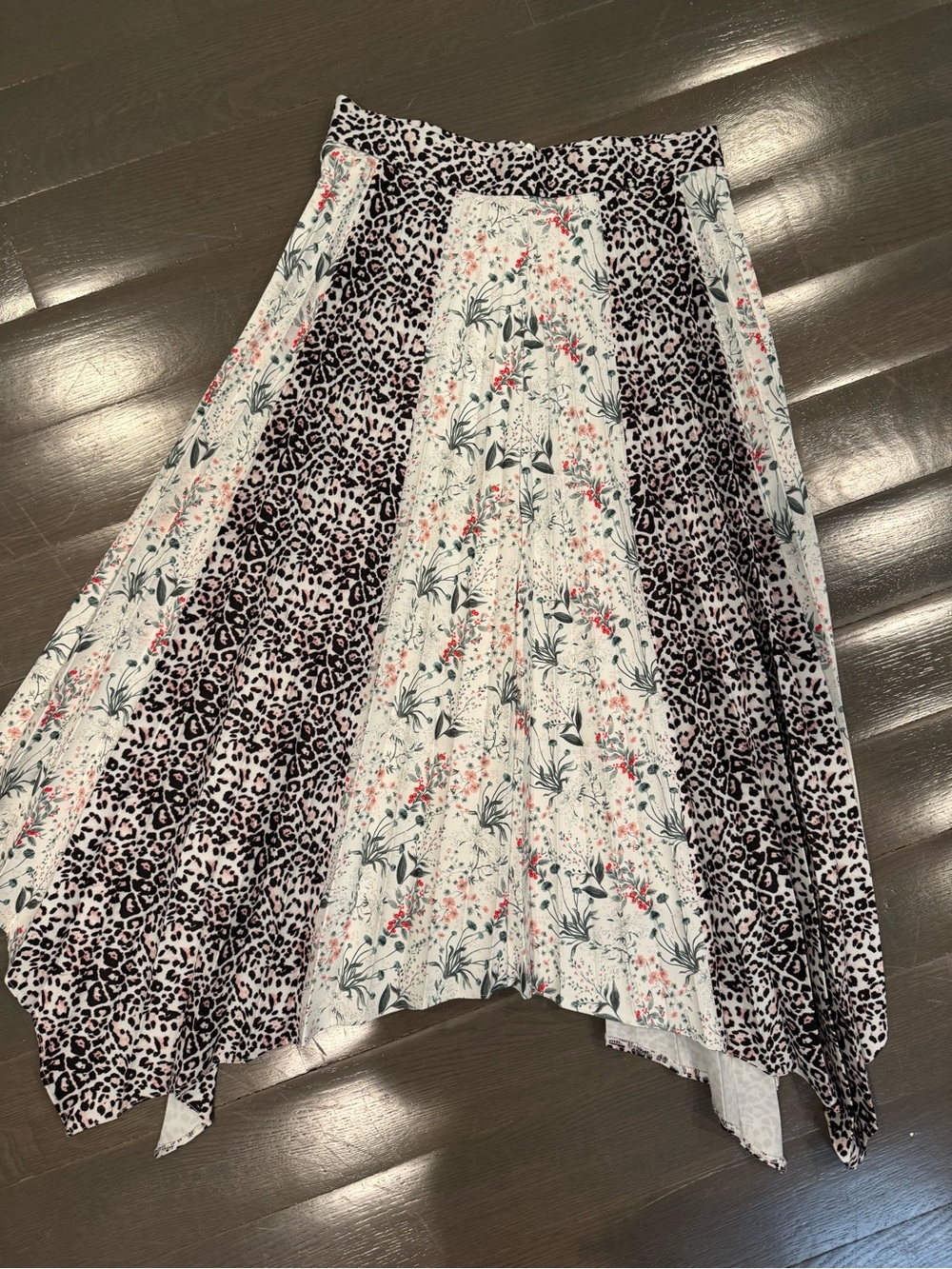 Candie's White Floral and Pink Leopard Asymmetrical Midi Skirt